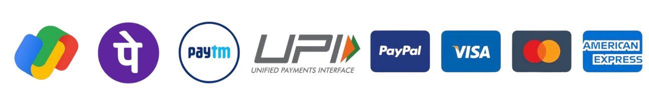 Accepted payment methods: Google Pay, PhonePe, Paytm, UPI, PayPal, Visa, Mastercard, American Express